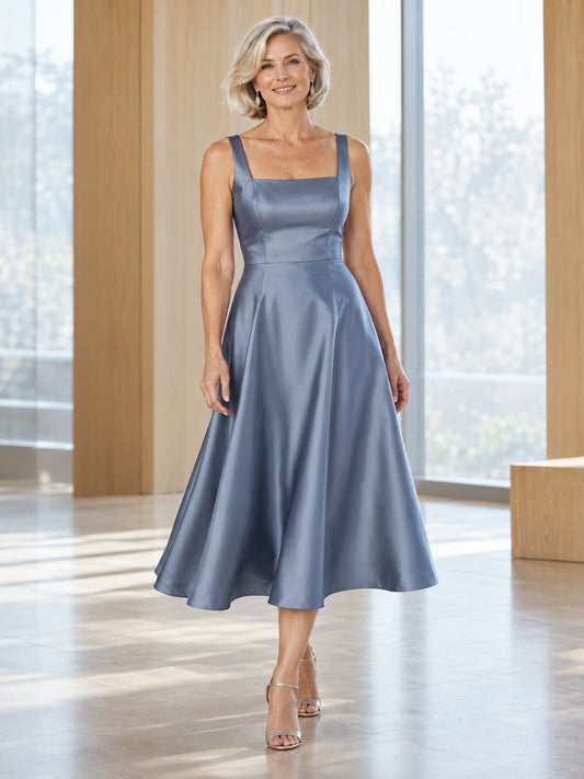 Casual Tea-length Square Neck Steel Blue Satin Mother of Bride Dress, front view