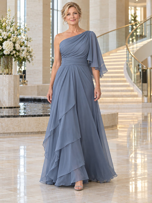 Steel Blue One Shoulder Tiered Chiffon Mother of Bride Dress