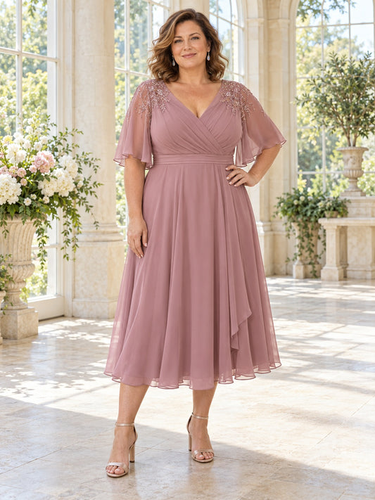 Plus Size Tea-length Dusty Rose Chiffon Mother of Bride Dress