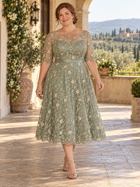 Plus Size Tea-length Sage Floral Mother of Bride Dress