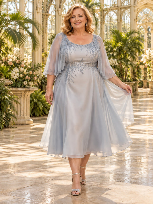 Plus Size Tea-length Silver Flutter Mother of Bride Dress