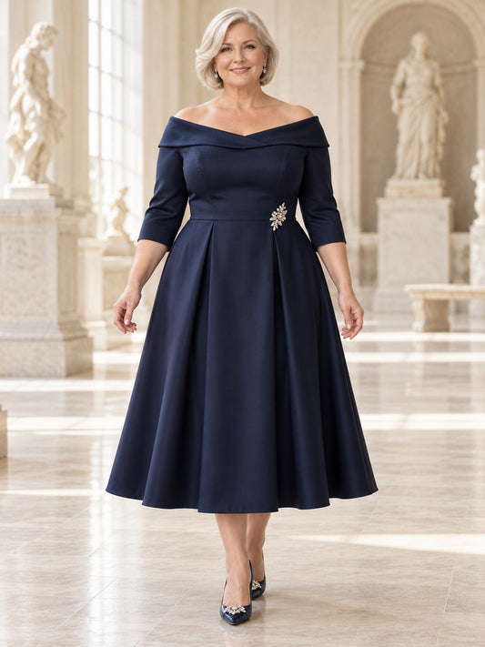 Plus Size Tea-length Dark Navy Satin Mother of Bride Dress