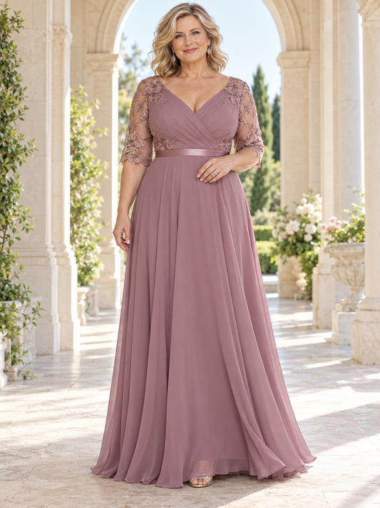 Plus Size Mauve V-Neck Lace Mother of Bride Dress