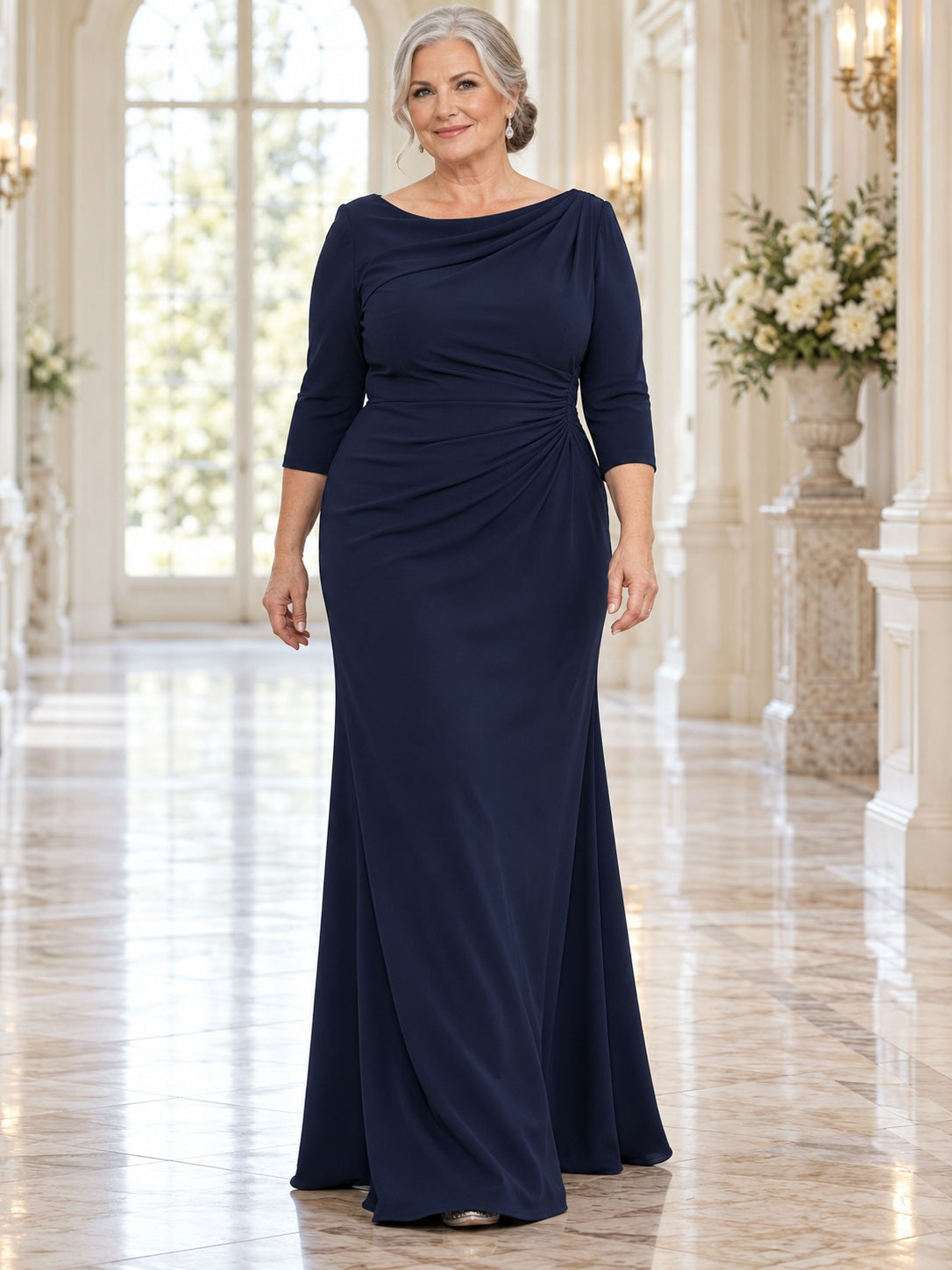 Dunkelnavy-farbenes, drapiertes Brautmutterkleid in Übergröße