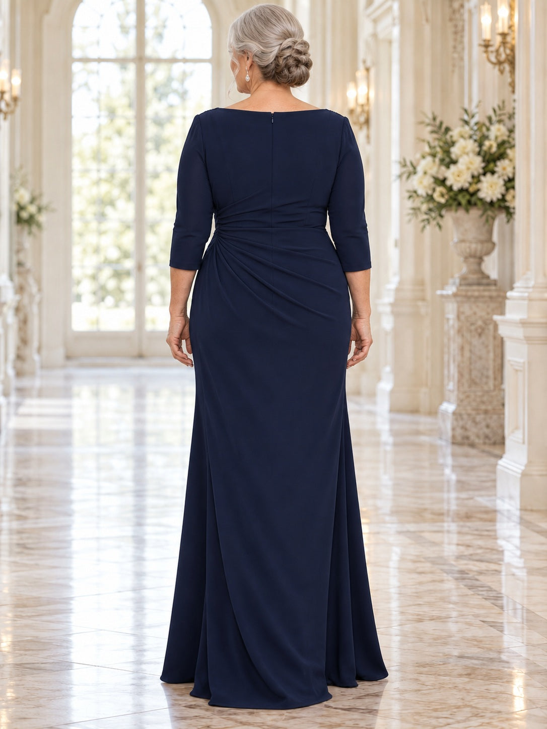 Dunkelnavy-farbenes, drapiertes Brautmutterkleid in Übergröße
