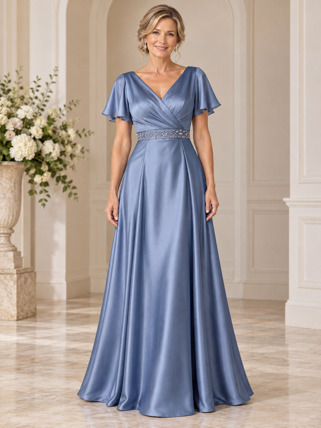 Steel Blue V-Neck Beaded Waist Satin Mother of Bride Dress