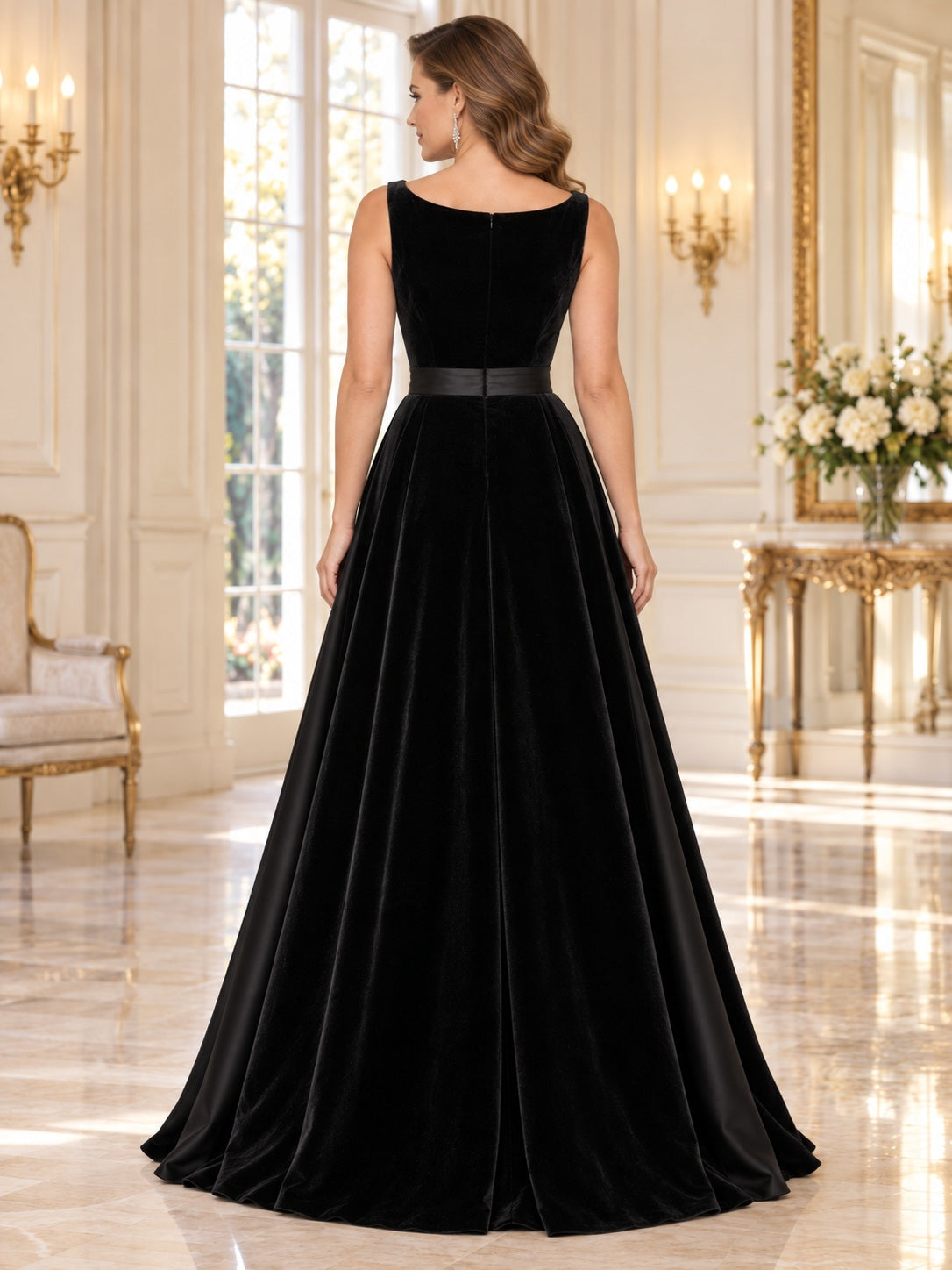 Robe de soirée longue noire à encolure bateau, sans manches, en velours et satin avec nœud à la taille et jupe évasée