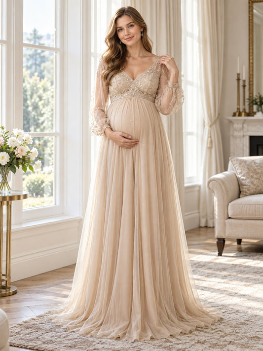 Umstandsmode Langarm Champagner Empire-Stil Spitze V-Ausschnitt Chiffon Luftiges langes Abendkleid