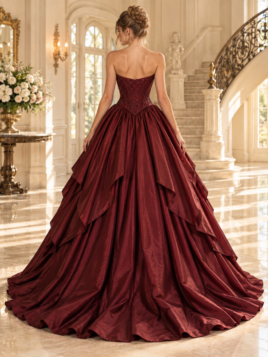 Burgunderrotes, trägerloses Ballkleid aus Satin mit herzförmigem Ausschnitt, Perlenverzierung, Basken-Taille und Stufenrock für den Abschlussball