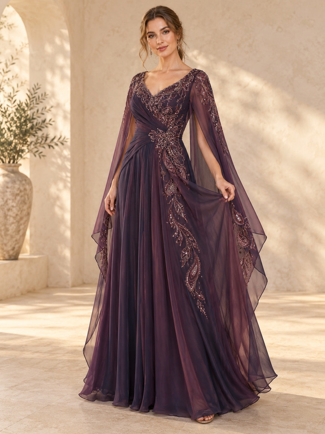 Vestido de gala de gasa y lentejuelas en ciruela, línea A, escote en V, manga larga y largo hasta el suelo
