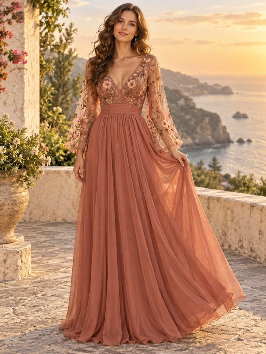 Formelles Kleid in staubigem Rosé mit A-Linie, V-Ausschnitt, besticktem Mesh und Glockenärmeln
