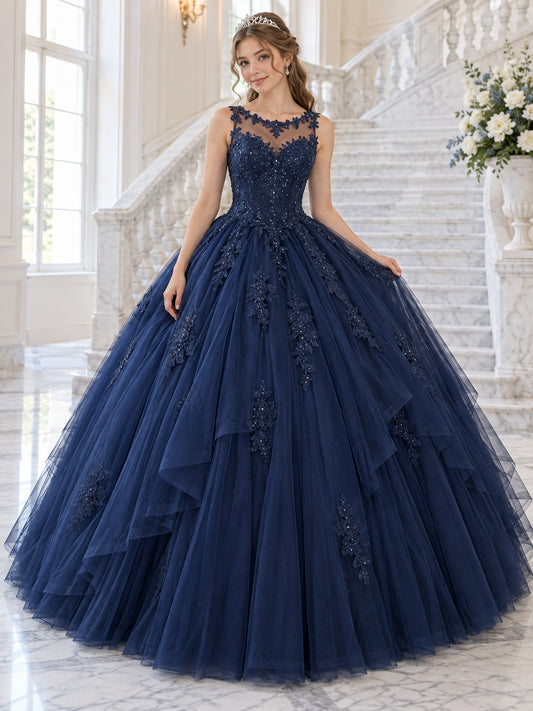 Robe de bal de quinceañera bleu marine foncé, en tulle superposé, sans manches, avec empiècement illusion floral et perles