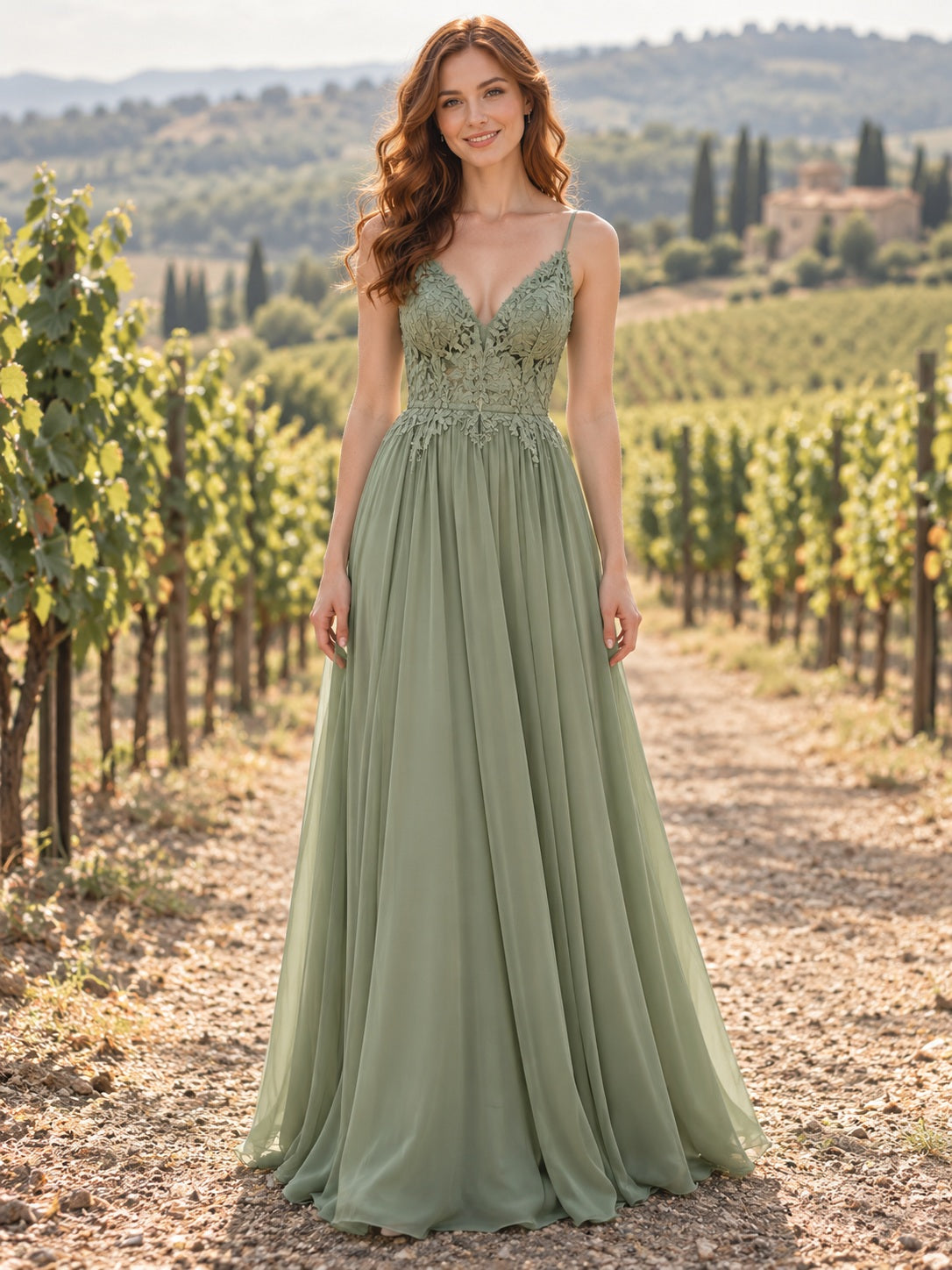 Robe longue en mousseline vert sauge à col en V et fines bretelles, idéale pour des photos de fiançailles