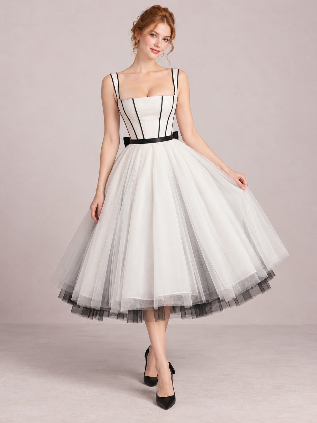 Tea-length Square Neck Vintage Black Trim Tulle Corset A-line Dress - view 1