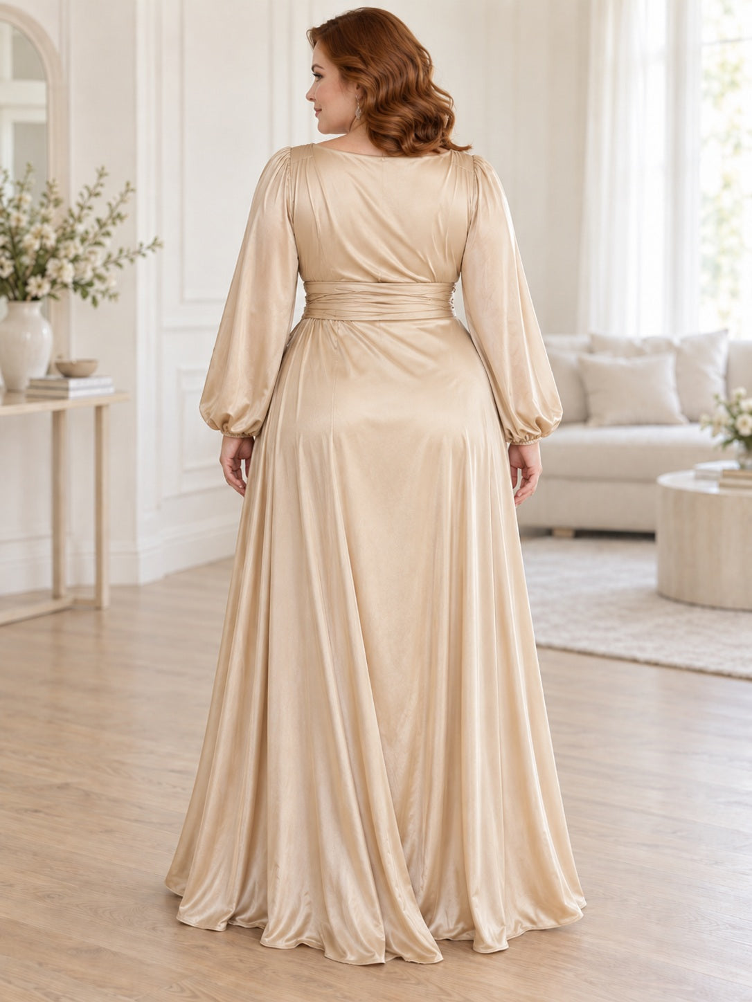 Robe de soirée en satin champagne à manches longues, col V et fente, grande taille