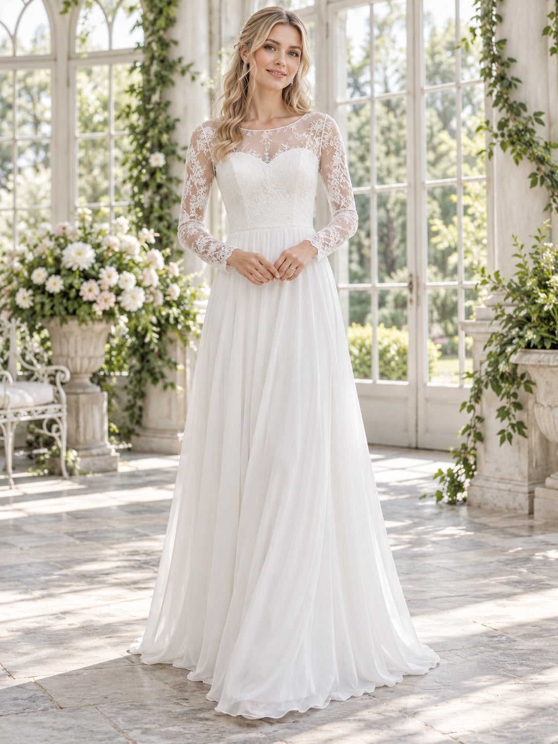 Vestido de novia de gasa y encaje en blanco, línea A, escote redondo cerrado, manga larga y largo hasta el suelo