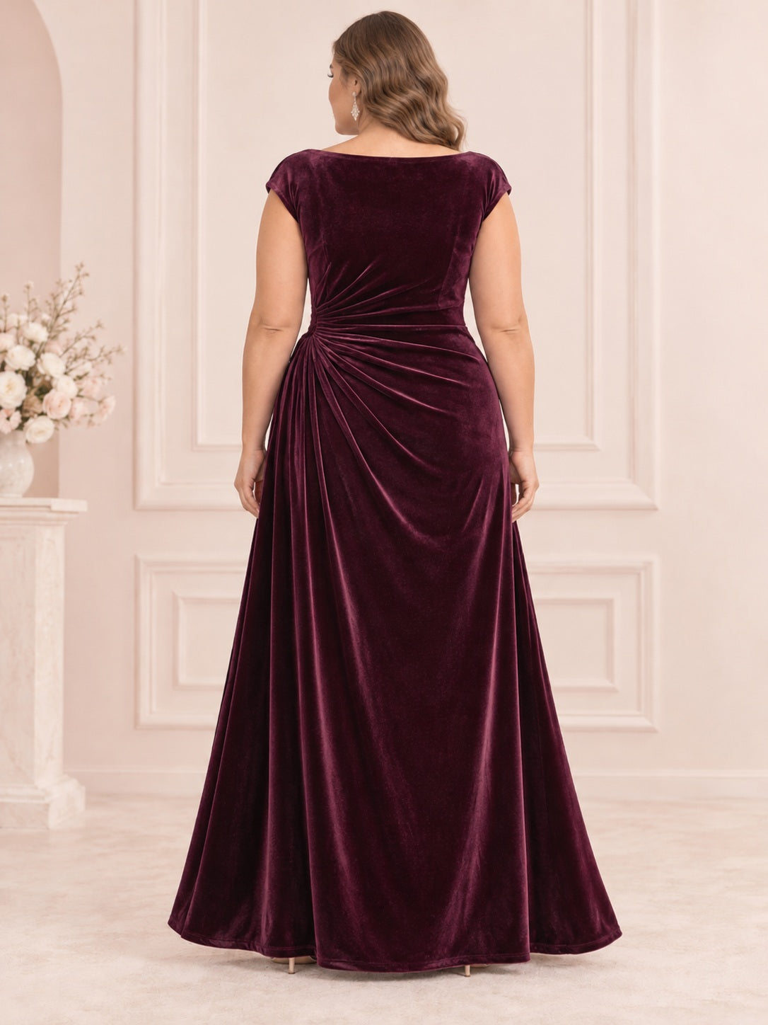 Plus Size Plum Velvet Bateau Cap Sleeve Draped Evening Gown, view 2
