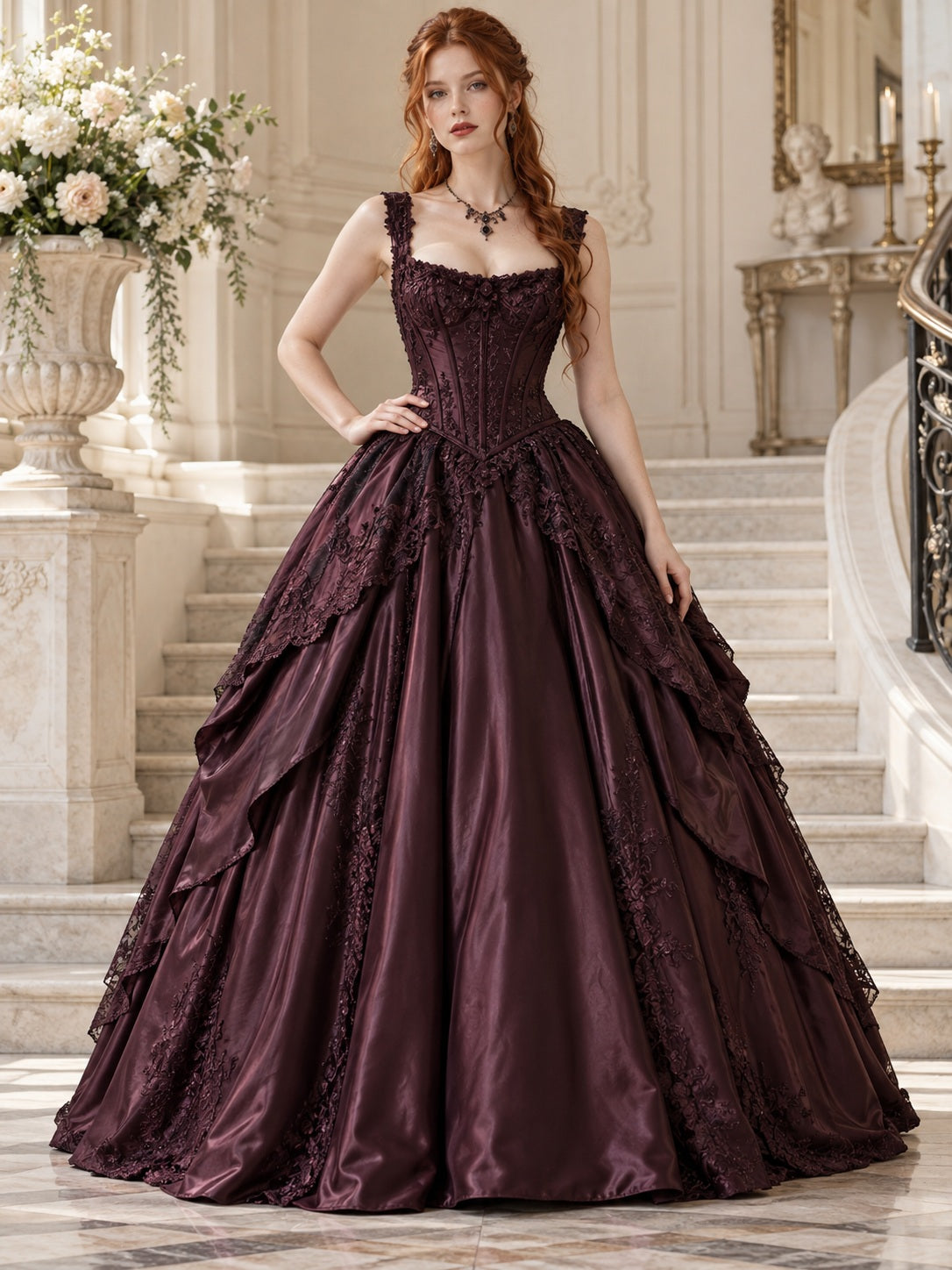 Gothisches Ballkleid in Pflaume mit eckigem Ausschnitt, Trägern, Korsett und drapiertem Satin