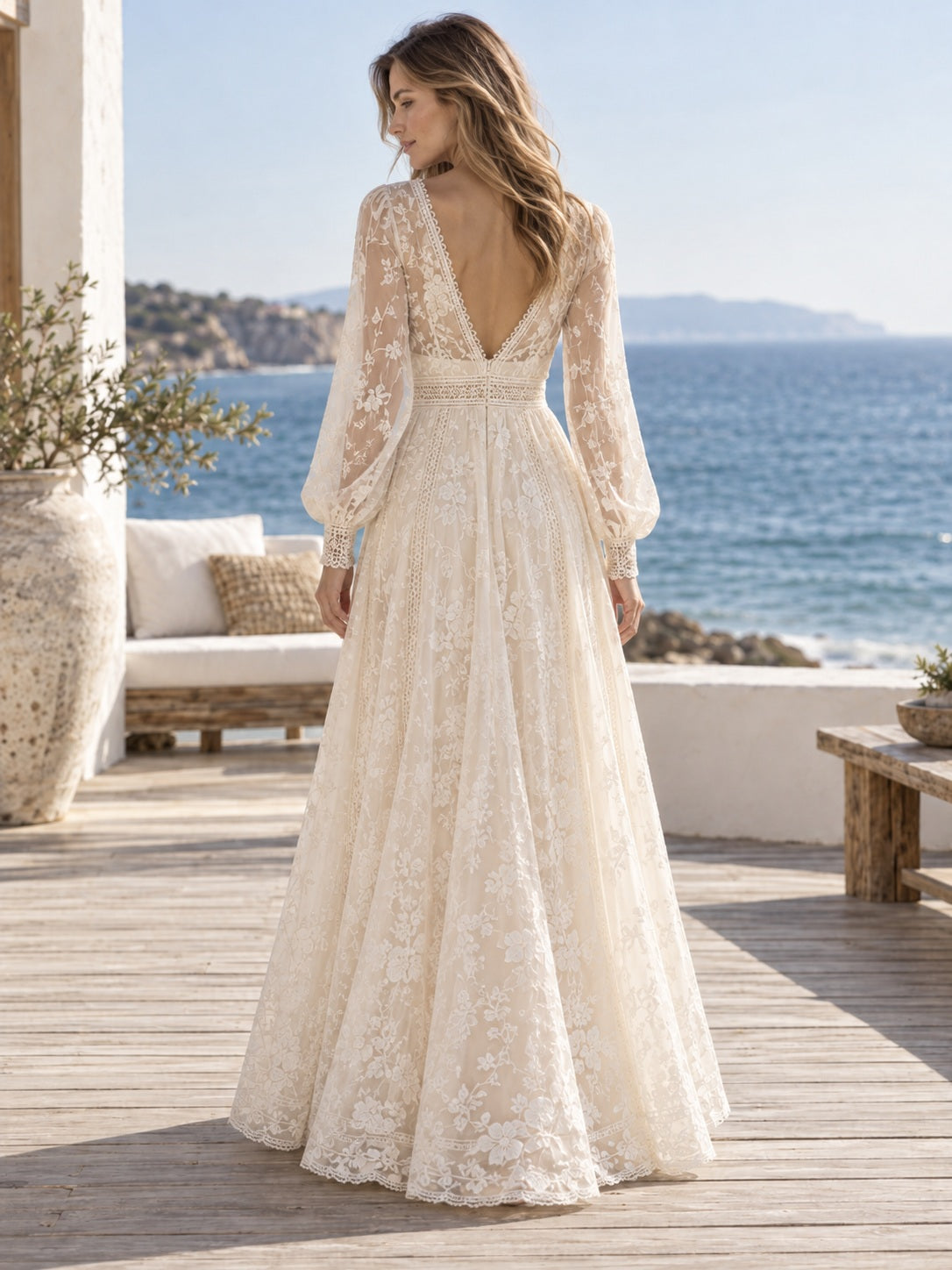 Boho Long Bishop Sleeve Deep V-neck Floral Lace Ankle-length Wedding Dress, view 2