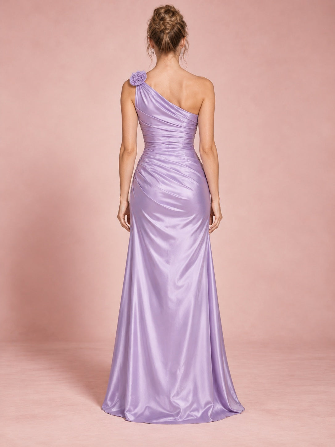 Vintage Lavender One Shoulder Rosette Ruched Satin Slit Long Prom Dress, view 2