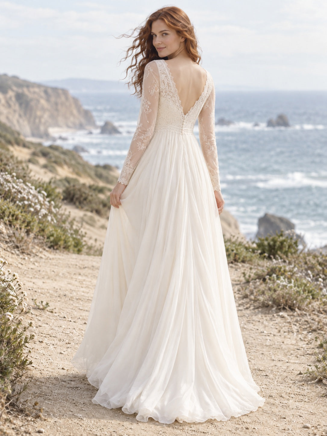 Long Sleeve V-neck Lace Bodice Flowing Chiffon Sweep Train Wedding Dress, view 2