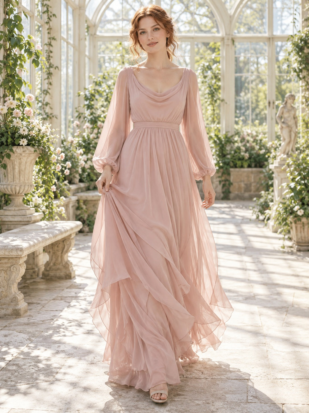 Dusty Rose Long Sleeve Cowl Neck Chiffon Layered A-line Gown, view 1