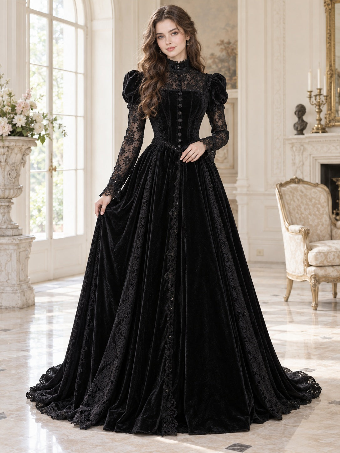 Schwarzes Vintage-Ballkleid aus Samt mit hohem Kragen und langen Spitzenärmeln