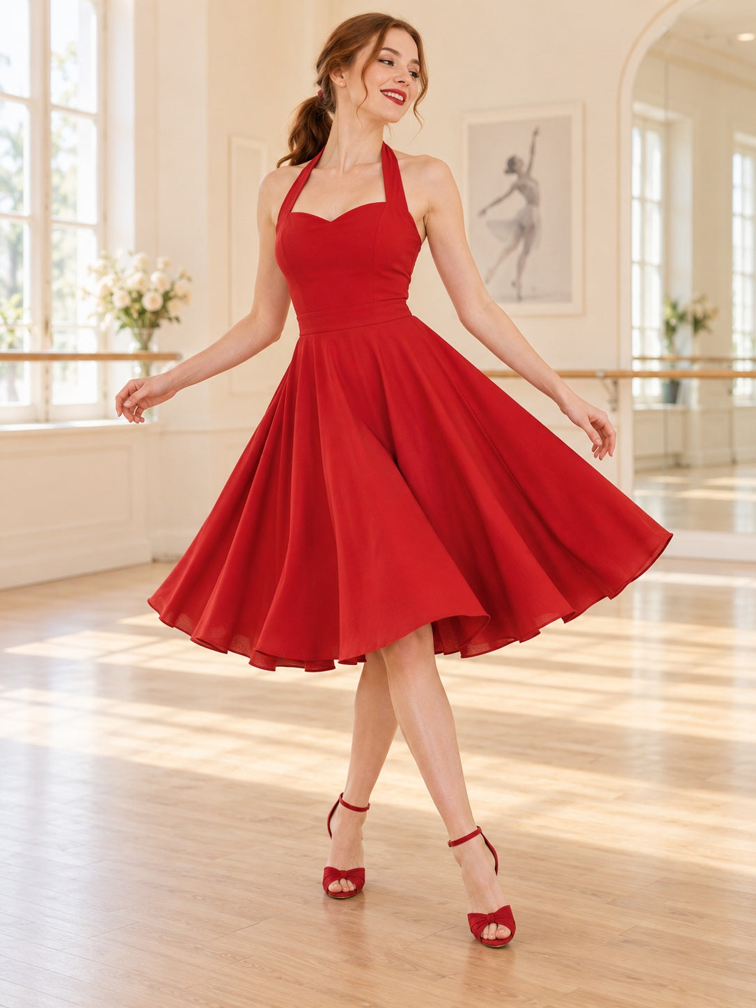 Robe de danse rouge simple en satin, longueur midi, à encolure cœur et à jupe évasée, avec un décolleté dos nu.
