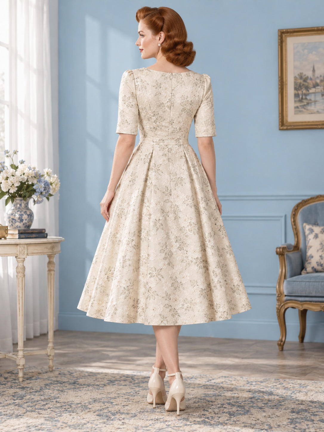 Vestido en marfil, de inspiración vintage, línea A, escote en V, media manga y largo a media pierna