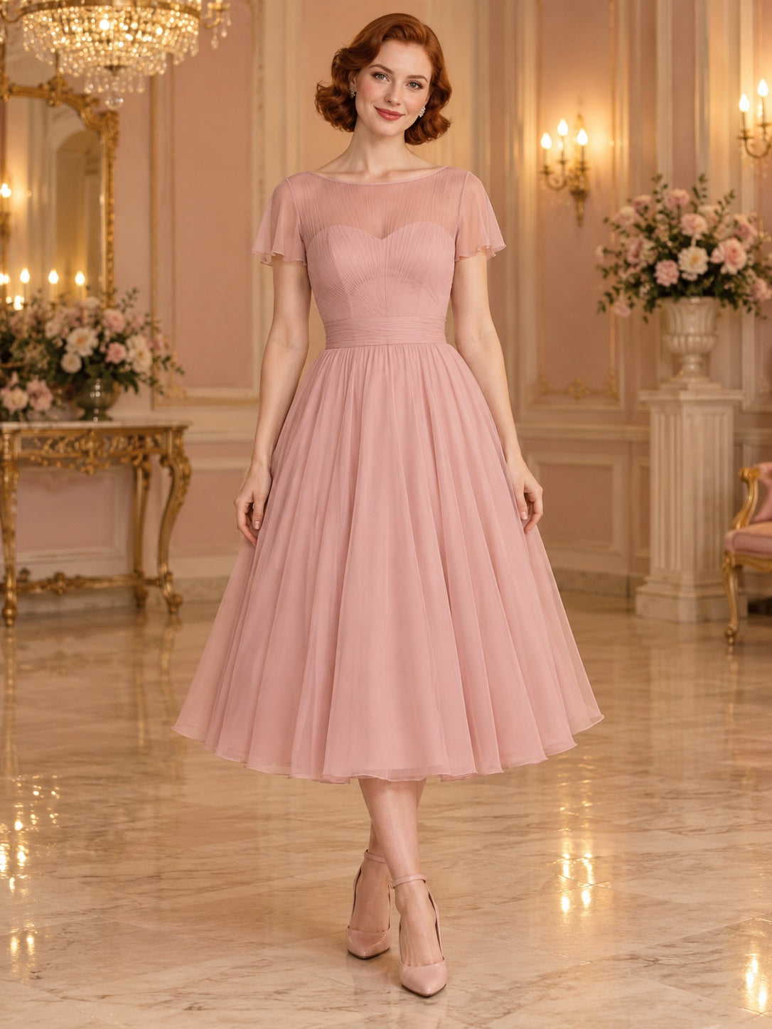 Robe de bal vintage en mousseline, longueur thé, rose, encolure bijoux, manches volantées