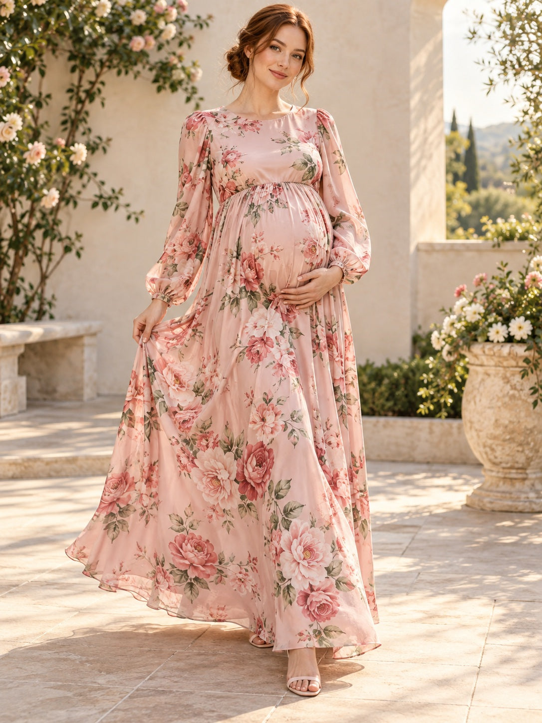 Umstandsmode Maxikleid aus Chiffon mit Empire-Taille, langen Ärmeln und rosa Blumenmuster
