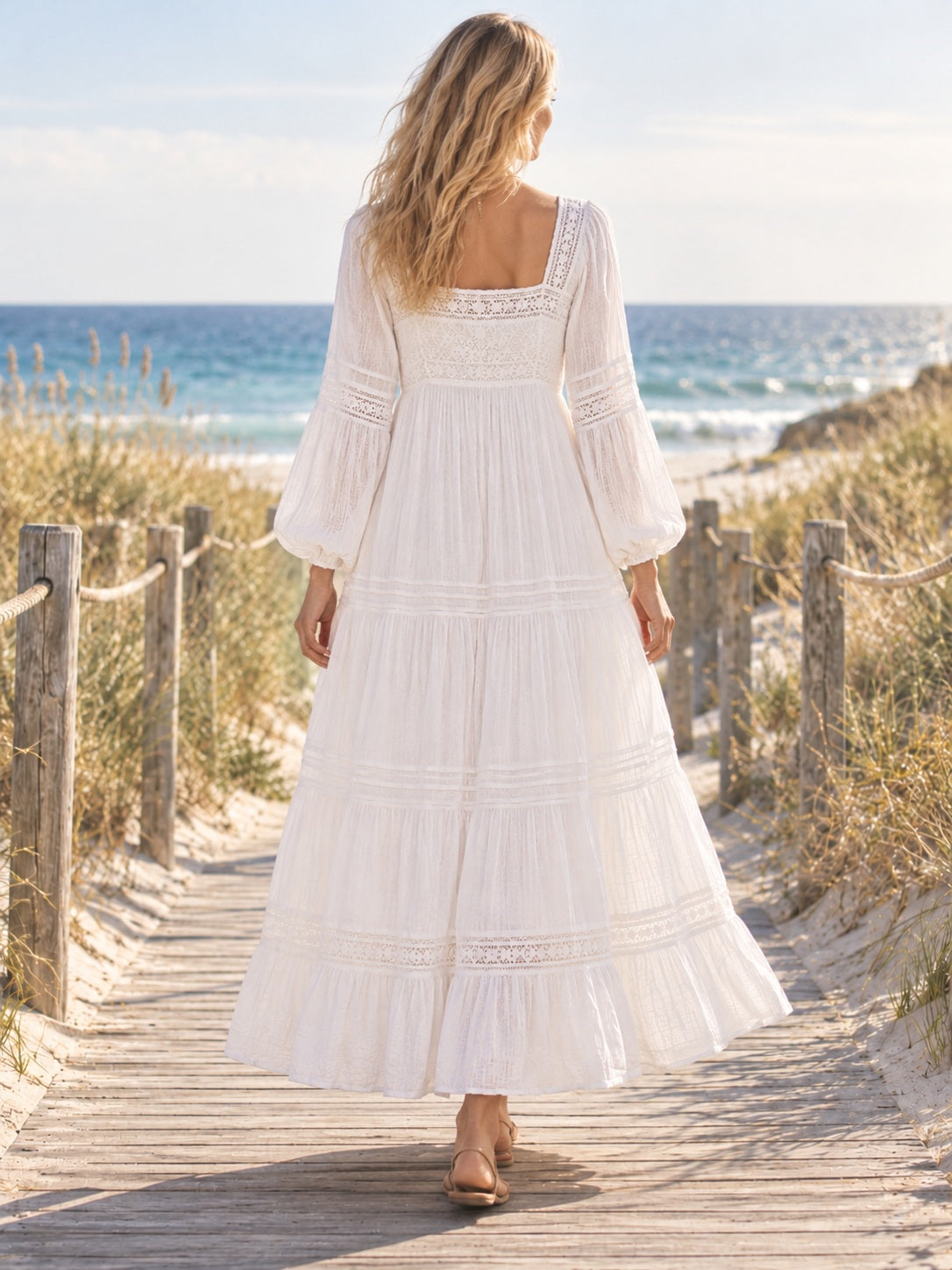 Romantic Long Sleeve Square Neck Tiered Lace Chiffon Wedding Dress, view 2
