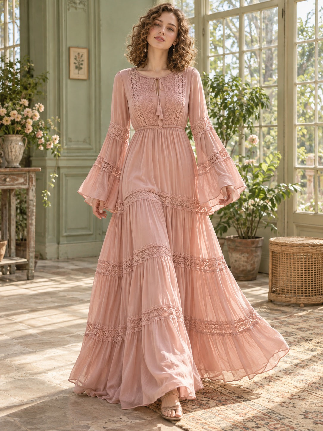 Staubrosa gestuftes Chiffon-Maxikleid im 70er-Jahre-Stil mit langen Glockenärmeln