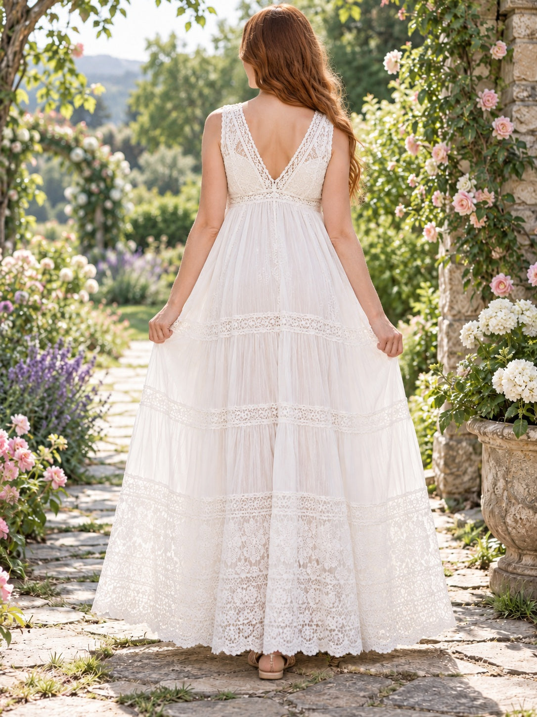 Maternity Boho V-neck Sleeveless Lace Paneled Full Length Maxi Dress, view 2