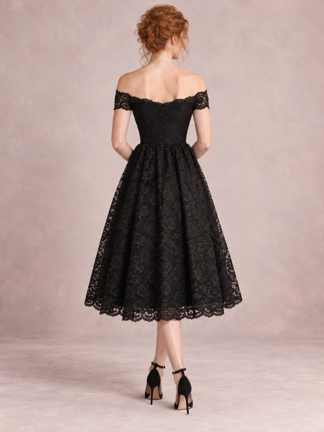 Vestido de cóctel de encaje en negro, de inspiración vintage, línea A, hombros descubiertos, manga corta y largo a media pierna