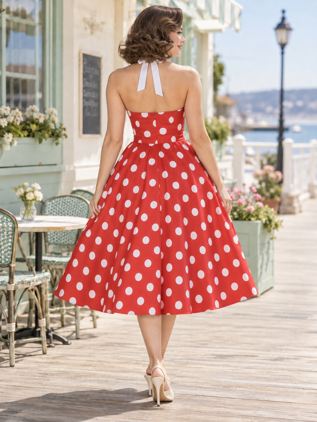 Robe vintage des années 1950, longueur thé, rouge à gros pois avec nœud et dos nu