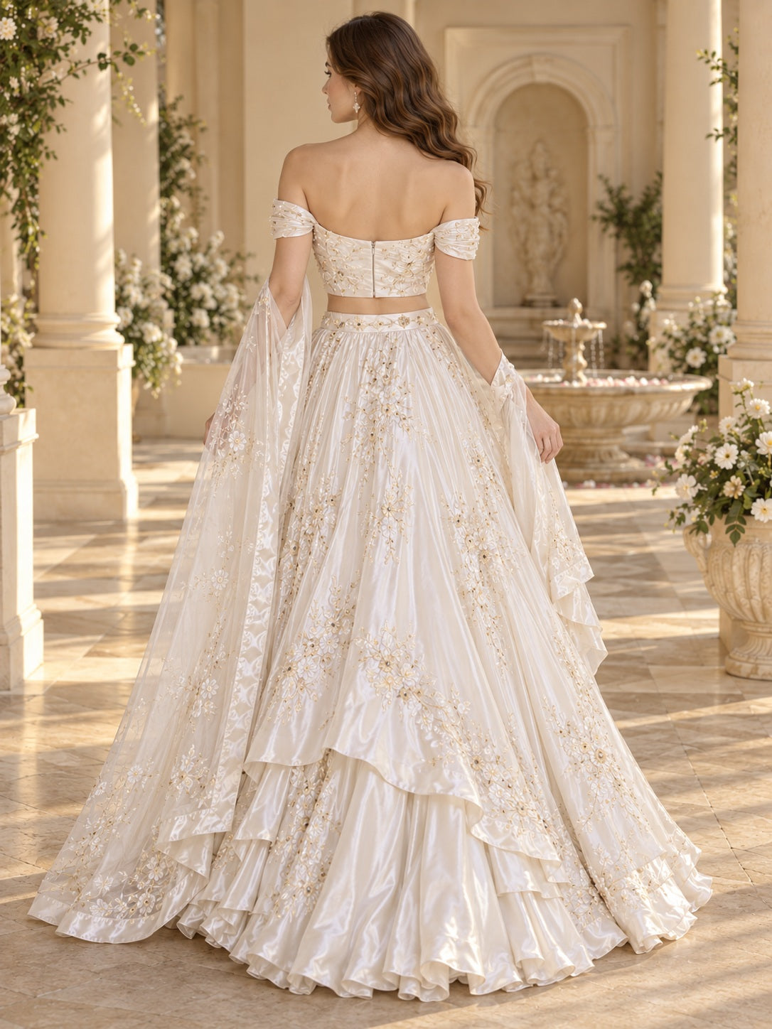Two Piece Ivory Off-the-shoulder Ruffled Satin Full Length Lehenga, view 2