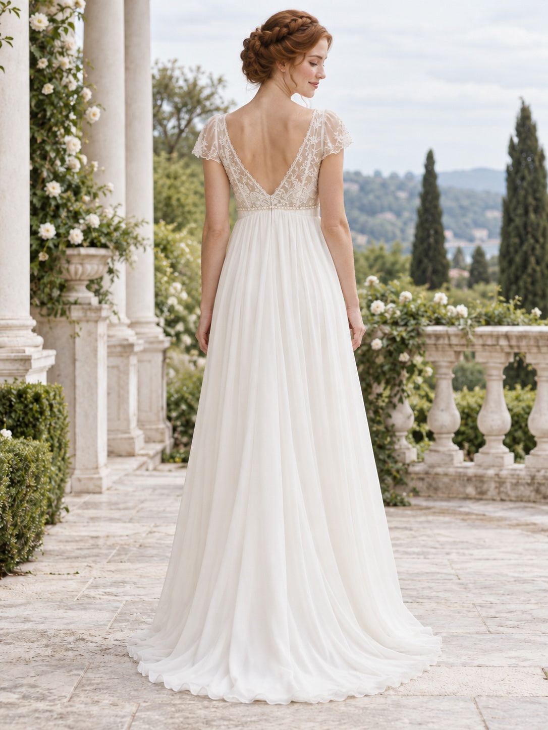 Vintage-Brautkleid aus Chiffon mit V-Ausschnitt, kurzen Ärmeln, Empire-Taille und floraler Spitze