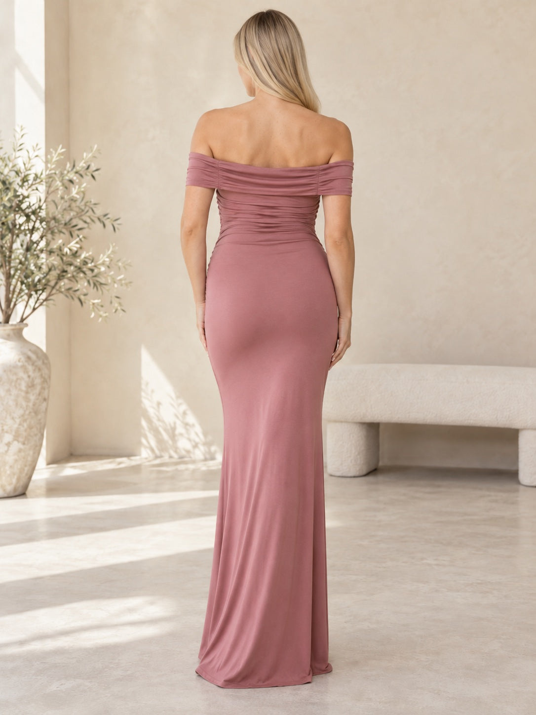 Maternity Dusty Rose Off Shoulder Ruched Fitted Long Evening Dress, view 2