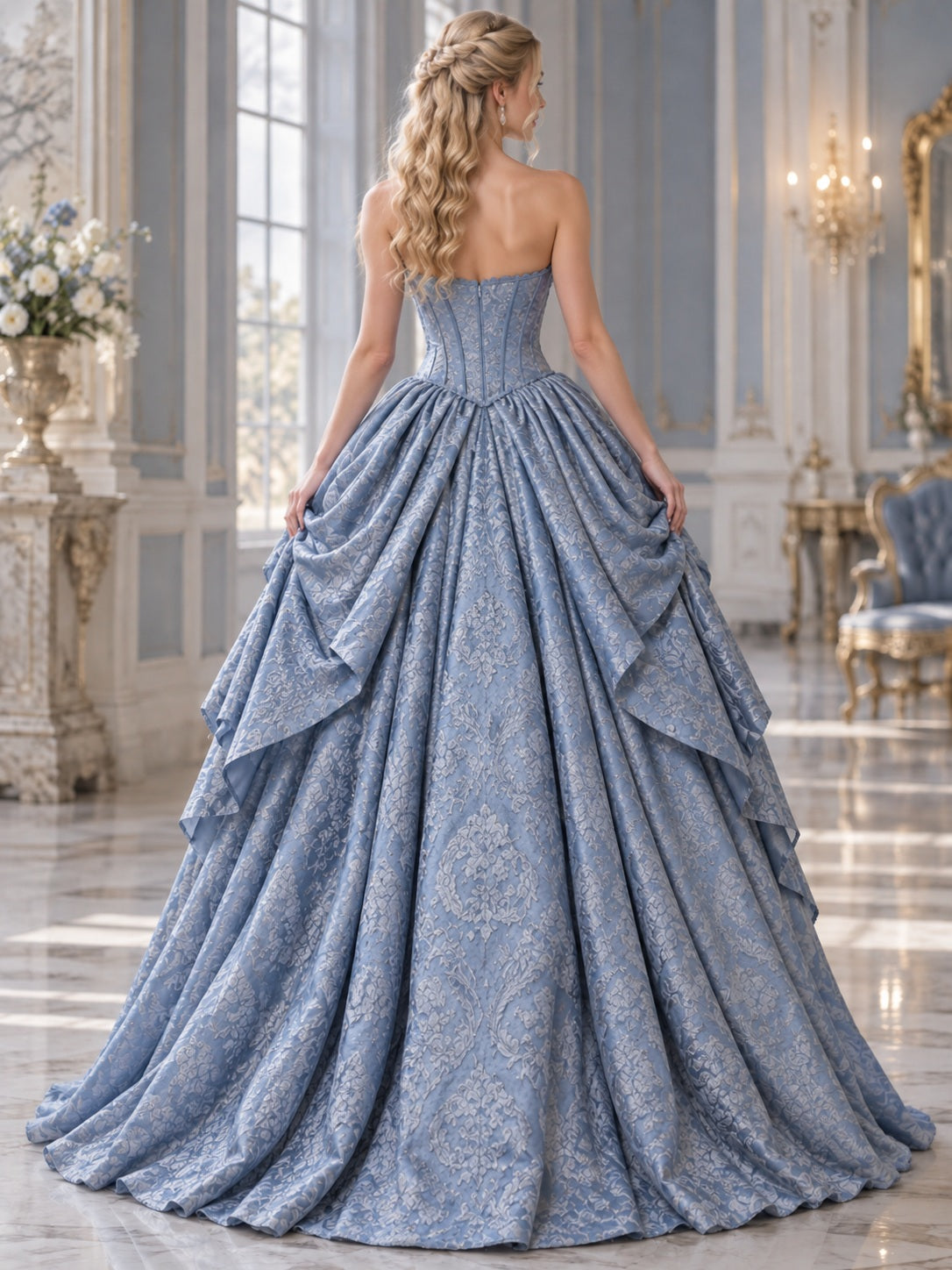 Vintage Blue Strapless Sweetheart Floral Satin Draped Ball Gown Dress, view 2