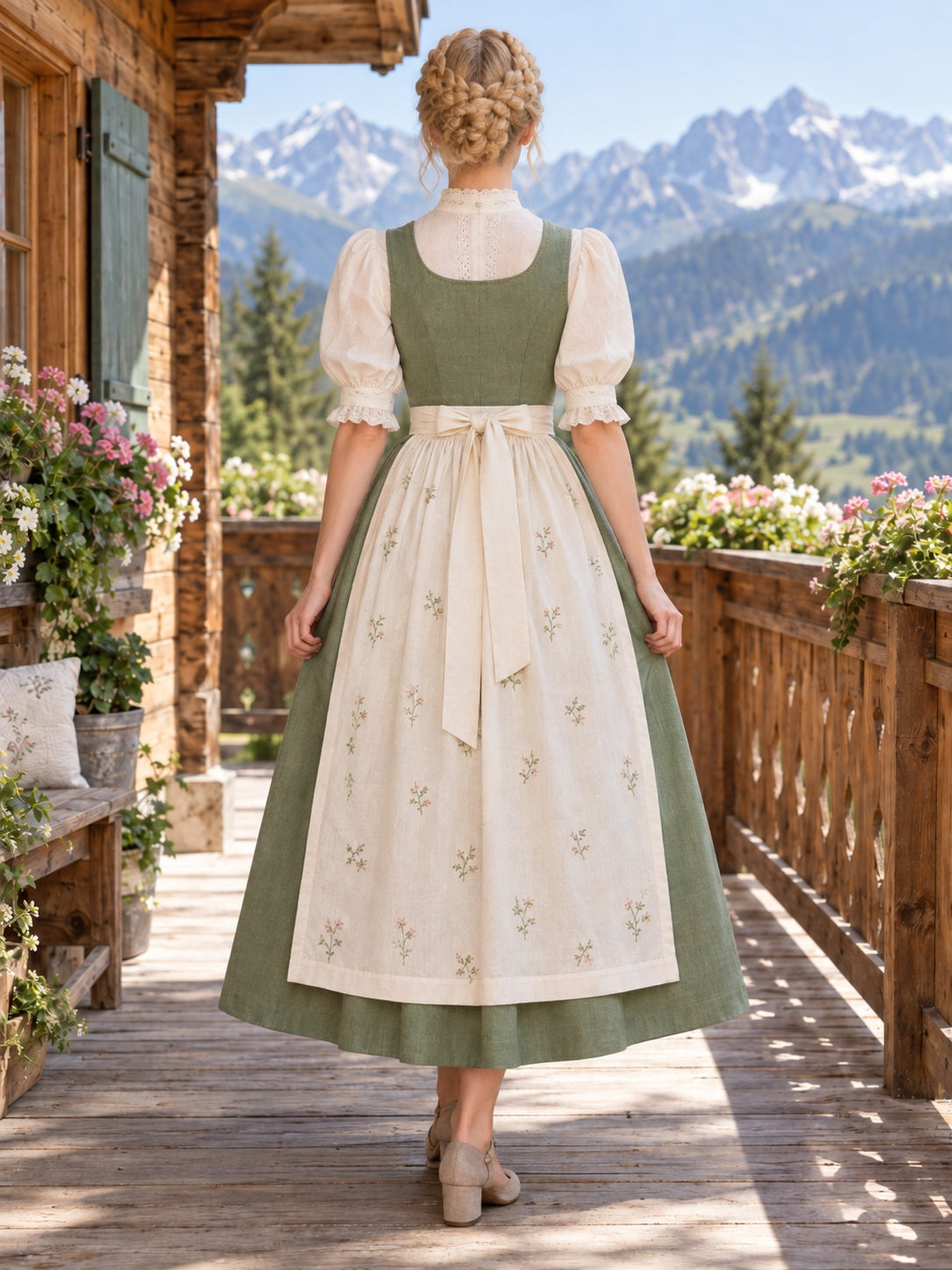 Vintage Sage High Neck Puff Sleeve Floral Apron Dirndl Dress, view 2