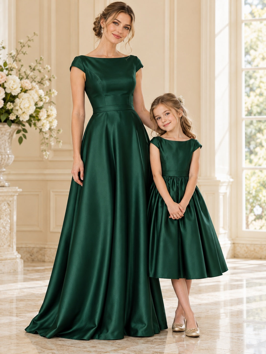 Grünes, plissiertes Satin-Festkleid für die Mutter mit Bateau-Ausschnitt und Flügelärmeln, passend dazu