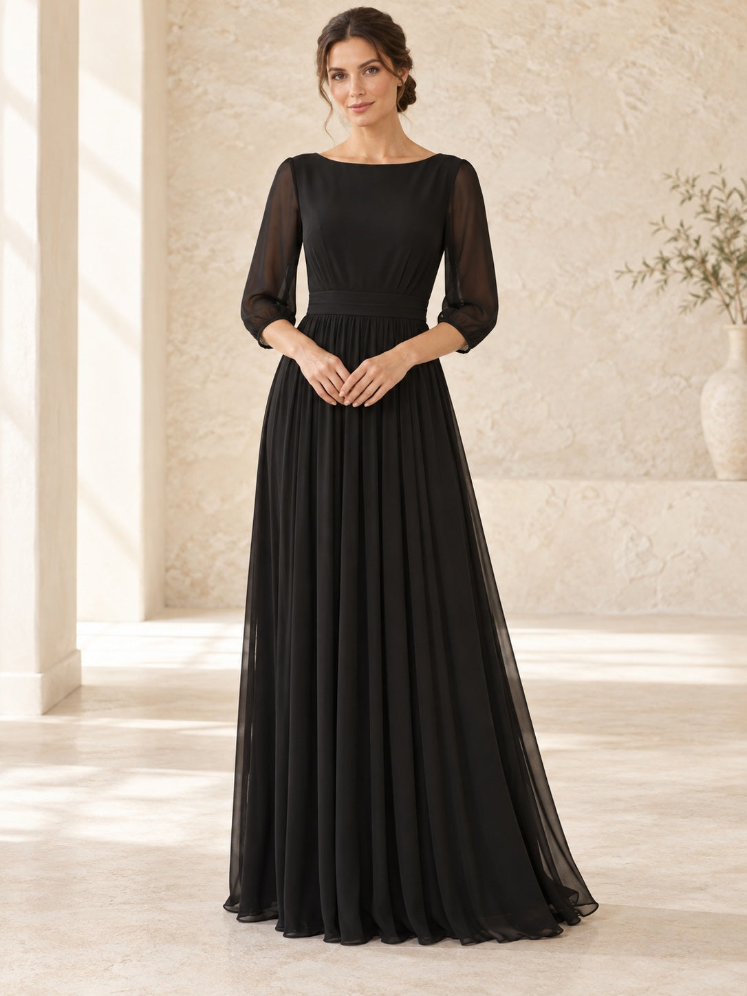 Black Modest Bateau Three Quarter Sheer Sleeve Chiffon Formal Maxi Dress, view 1