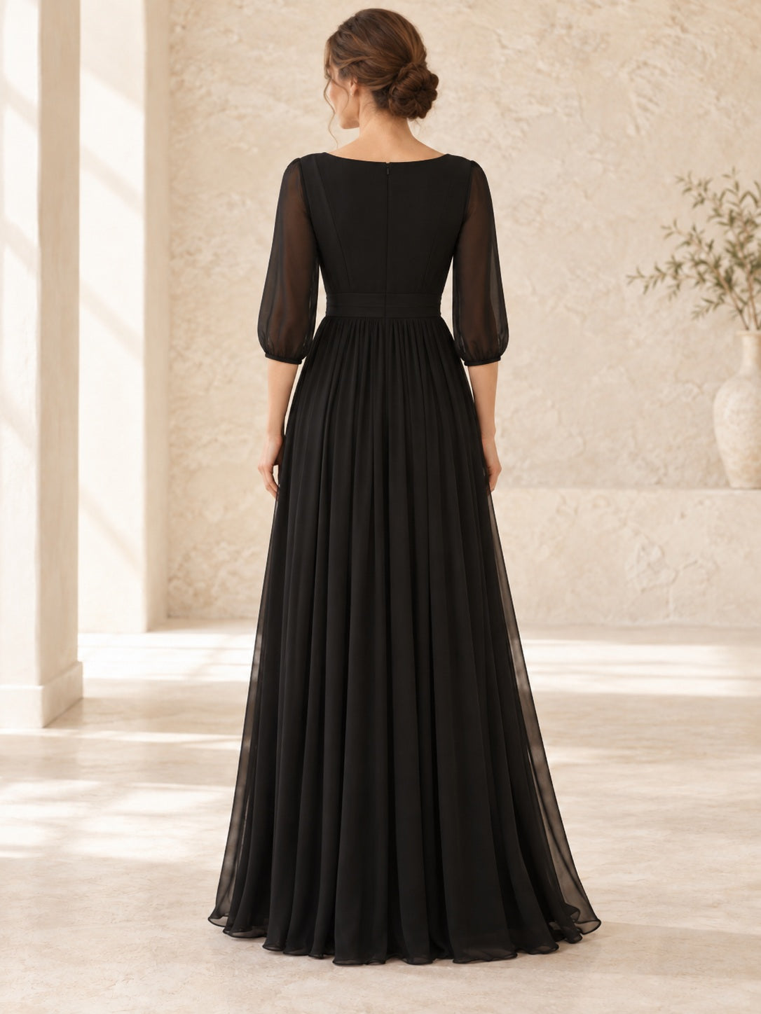 Black Modest Bateau Three Quarter Sheer Sleeve Chiffon Formal Maxi Dress, view 2