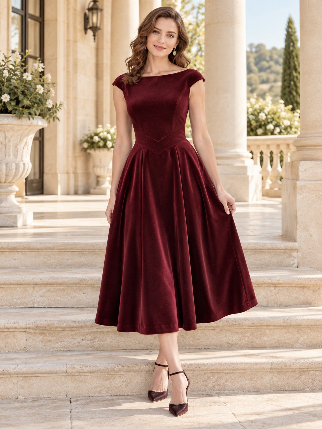 Simple Western Burgundy Bateau Cap Sleeve Velvet Tea-length A-line Formal Dress, view 1