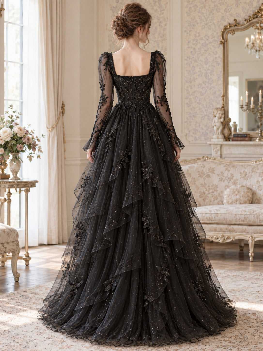 Gothic Fairy Black Long Sleeve Square Neck Sparkle Tulle Evening Dress, view 2