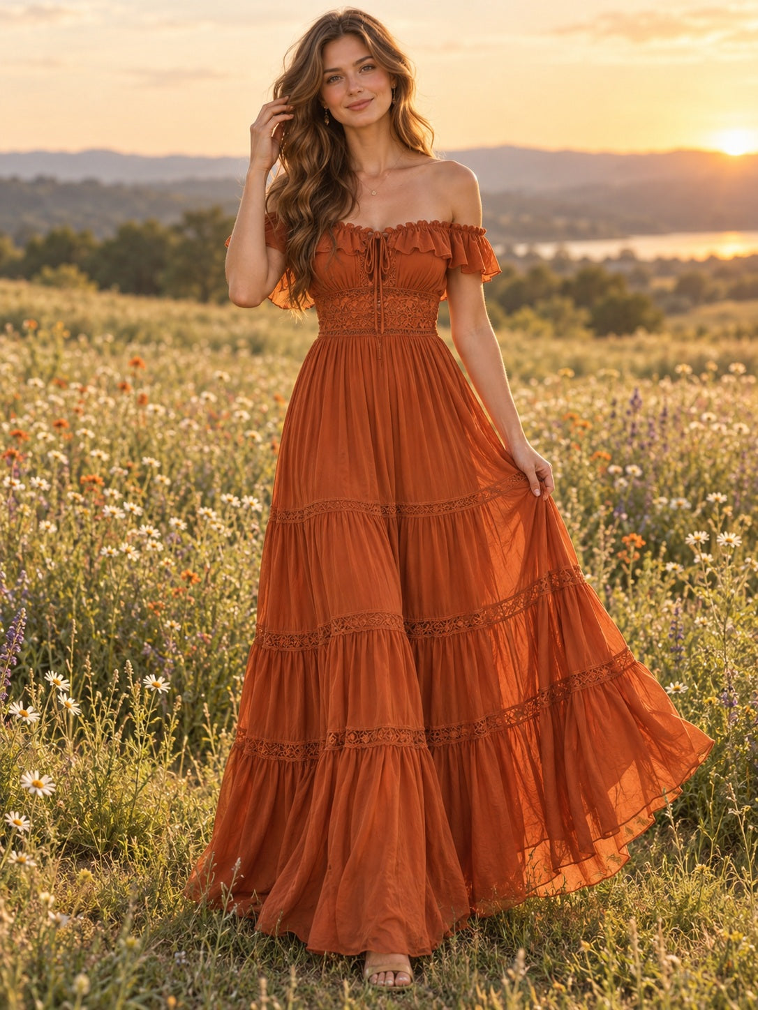 Boho Orange Off Shoulder Ruffle Sleeve Lace Tiered Chiffon Prom Dress, view 1