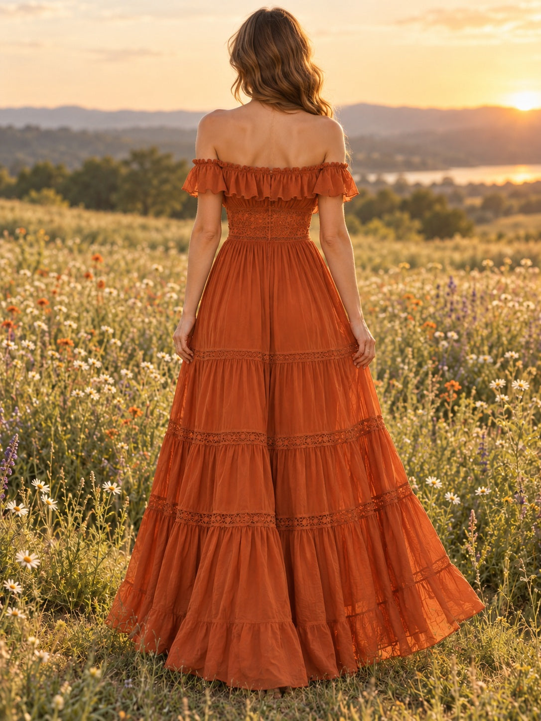 Boho Orange Off Shoulder Ruffle Sleeve Lace Tiered Chiffon Prom Dress, view 2