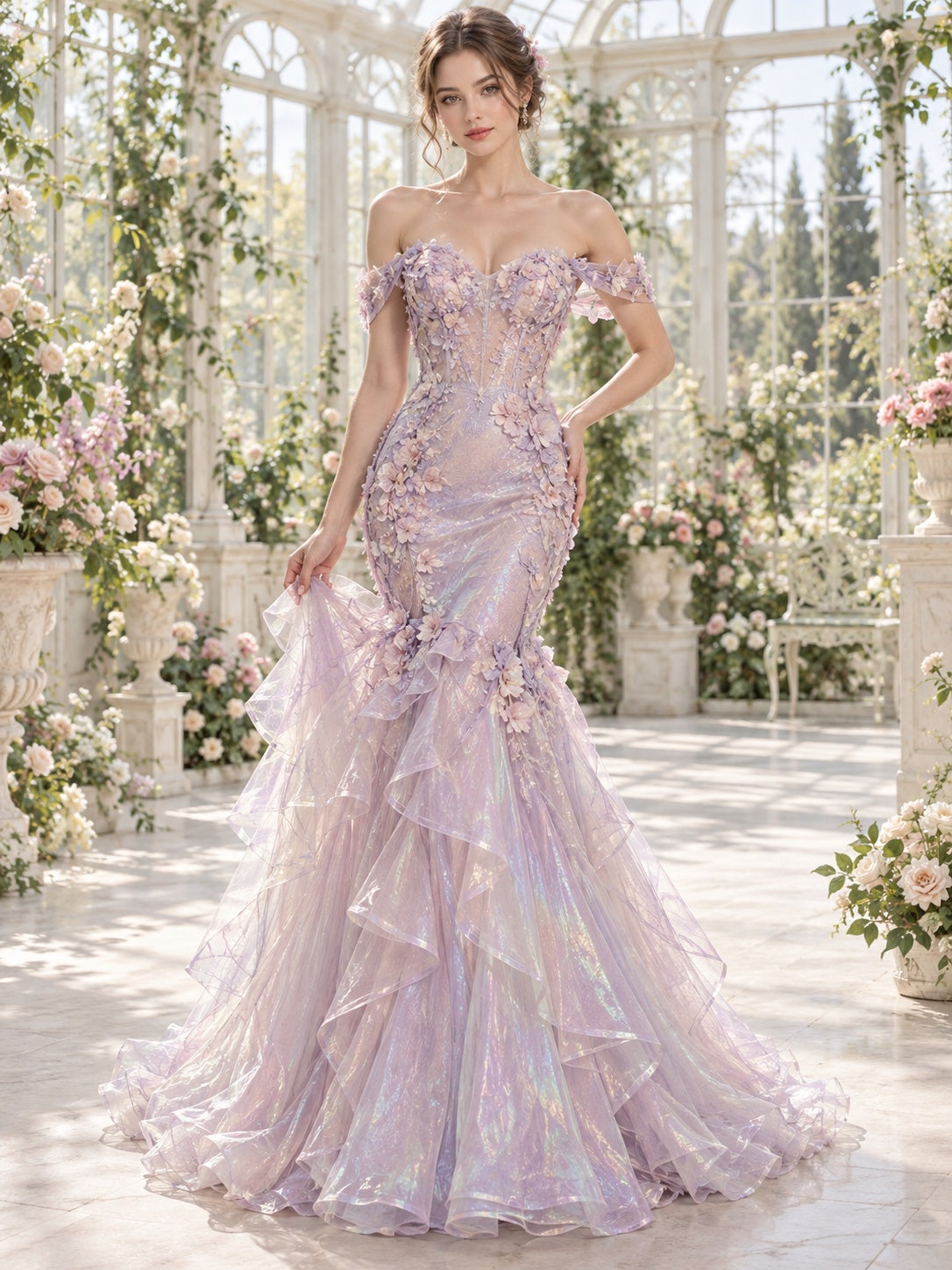 Abendkleid in Meerjungfrauen-Silhouette mit lavendelfarbenem Tüll, schulterfreiem Blumenkorsett und Rüschen