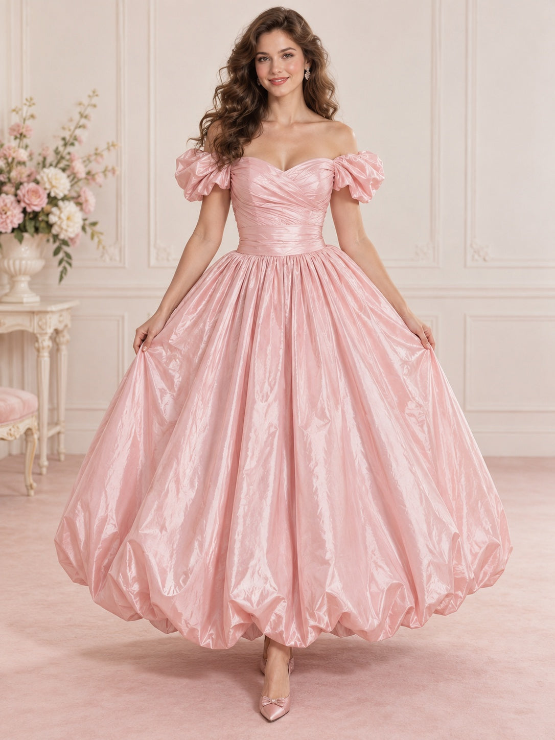 Vintage-Abendkleid aus Taft in zartem Rosé mit Carmen-Ausschnitt und Ballonsaum